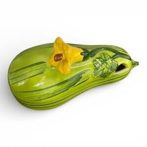 Vintage Ceramic Zucchini/Squash Condiment Dish with Lid & Spoon Notch